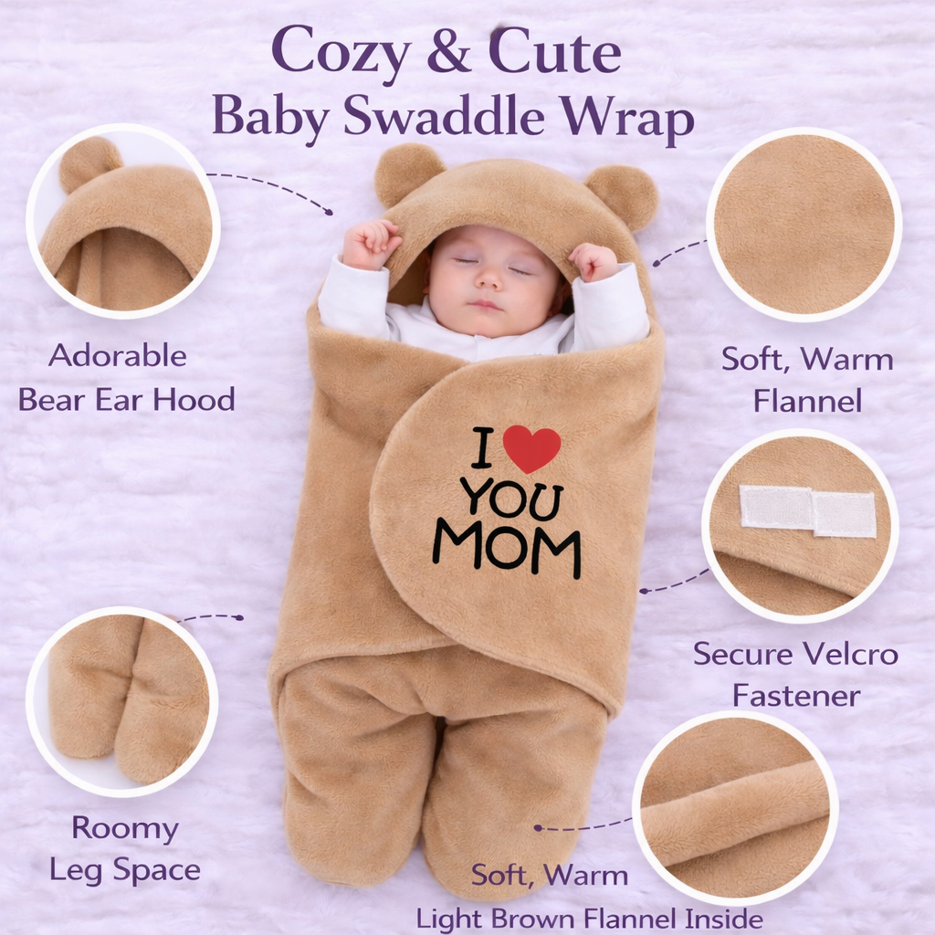 BRANDONN Hooded Newborn Swaddle Blanket with Love Embroidery (0–9 Months, Pack of 1)