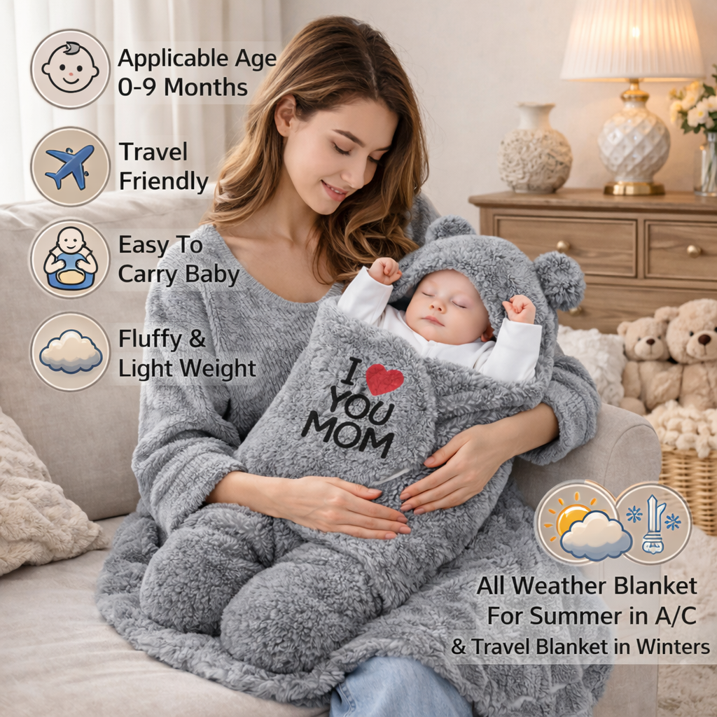 BRANDONN Hooded Newborn Swaddle Blanket with Love Embroidery (0–9 Months, Pack of 1)