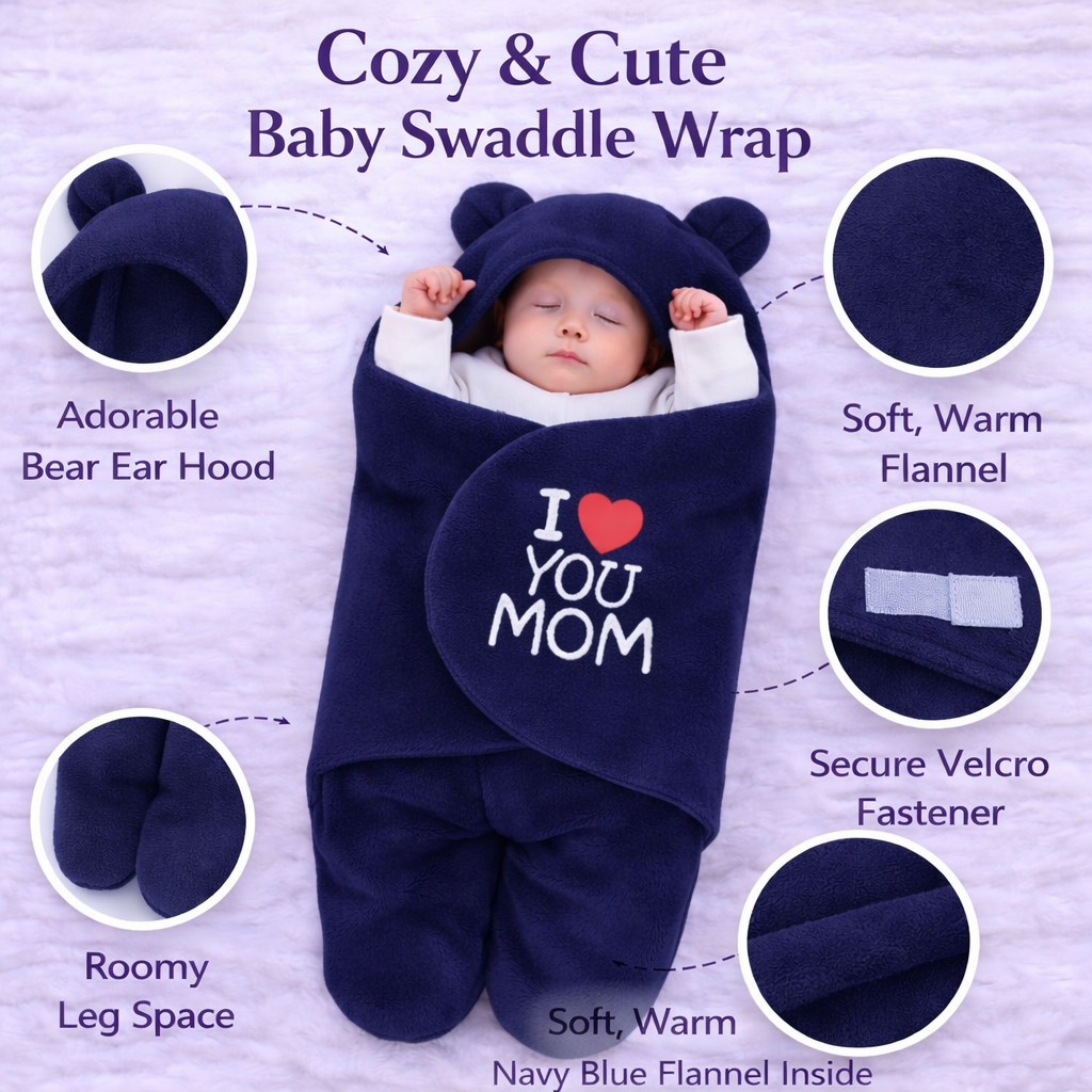 BRANDONN Hooded Newborn Swaddle Blanket with Love Embroidery (0–9 Months, Pack of 1)