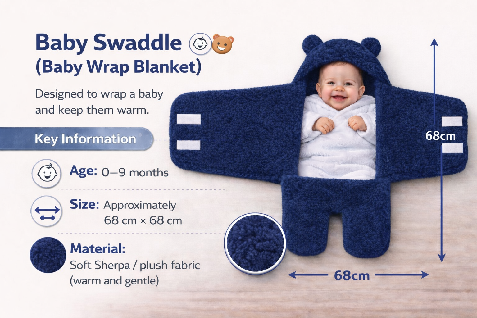 BRANDONN Newborn Hooded Swaddle Blanket, Solid Wearable Wrapper (Pack of 1), 0–9 Months