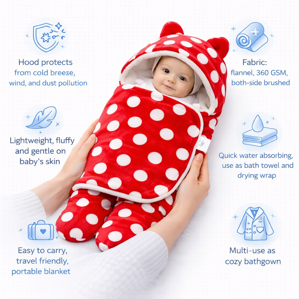 BRANDONN Newborn Hooded Swaddle Blanket, 68 x 68 cm, 0–9 Months (Pack of1)