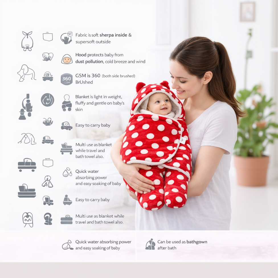 BRANDONN Newborn Hooded Swaddle Blanket, 68 x 68 cm, 0–9 Months (Pack of1)