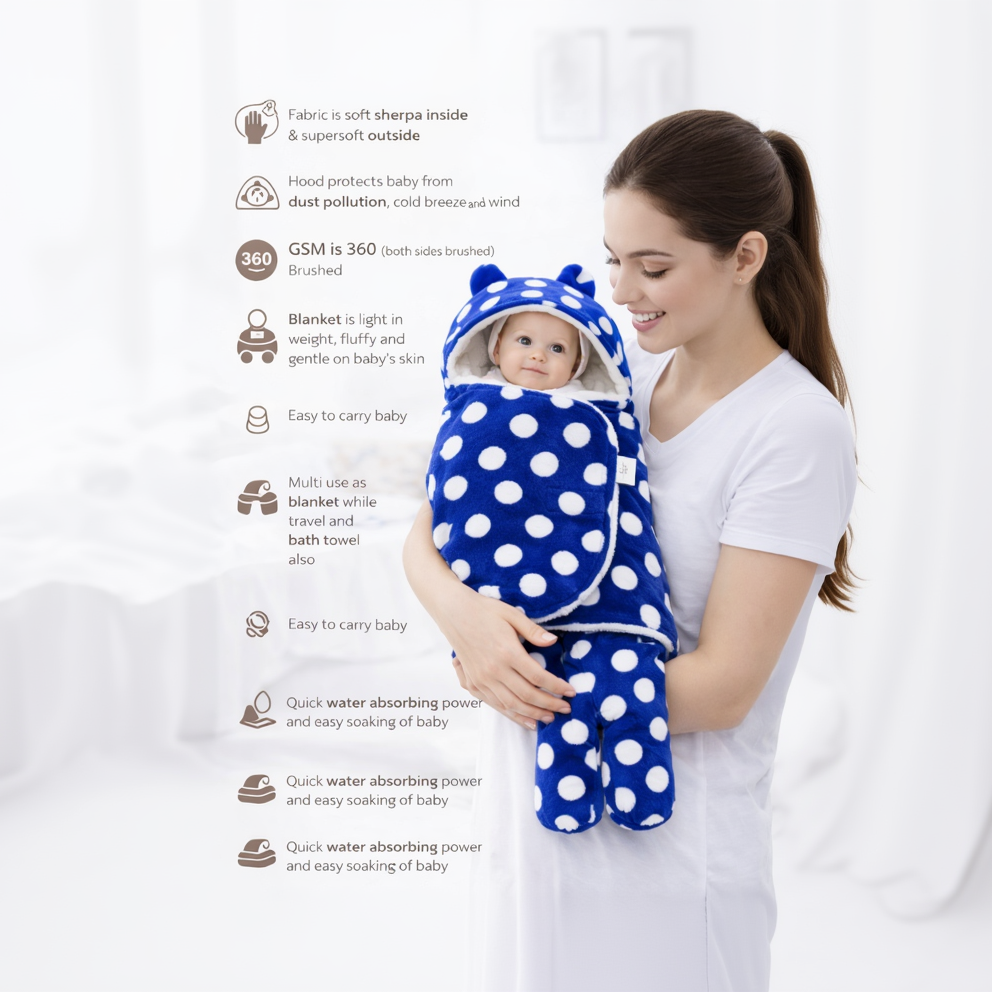 BRANDONN Newborn Hooded Swaddle Blanket, 68 x 68 cm, 0–9 Months (Pack of1)
