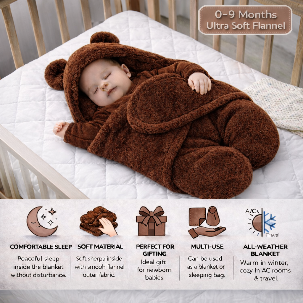 BRANDONN Newborn Hooded Swaddle Blanket, Solid Wearable Wrapper (Pack of 1), 0–9 Months