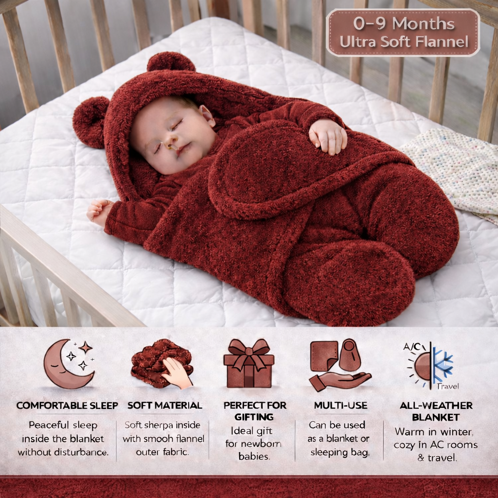 BRANDONN Newborn Hooded Swaddle Blanket, Solid Wearable Wrapper (Pack of 1), 0–9 Months