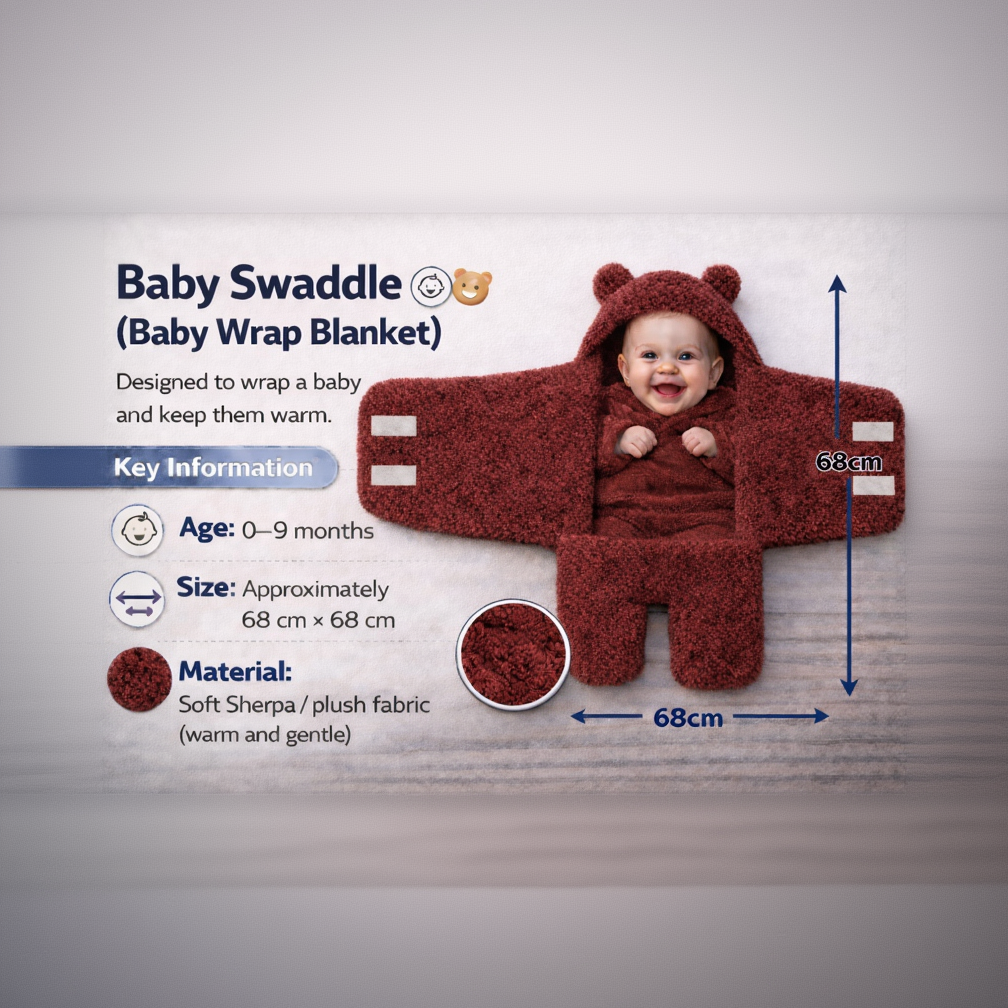 BRANDONN Newborn Hooded Swaddle Blanket, Solid Wearable Wrapper (Pack of 1), 0–9 Months