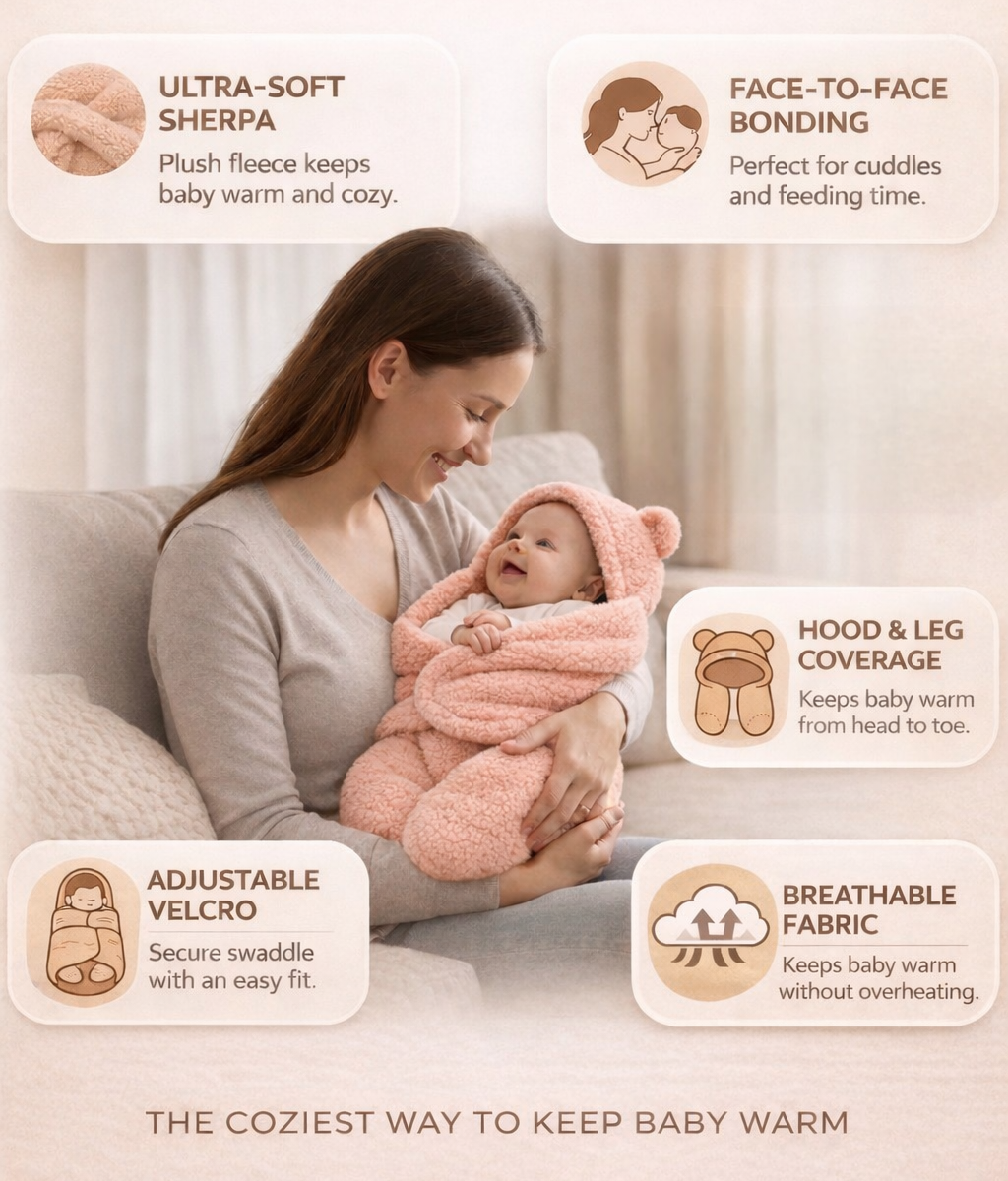 BRANDONN Newborn Baby Hooded Swaddle Blanket | Soft Wearable Baby Wrapper for 0–9 Months | Pack of 1