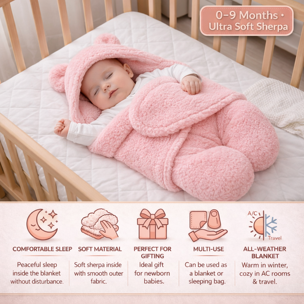 BRANDONN Newborn Baby Hooded Swaddle Blanket | Soft Wearable Baby Wrapper for 0–9 Months | Pack of 1