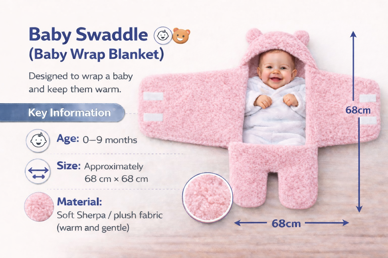 BRANDONN Newborn Hooded Swaddle Blanket, Solid Wearable Wrapper (Pack of 1), 0–9 Months