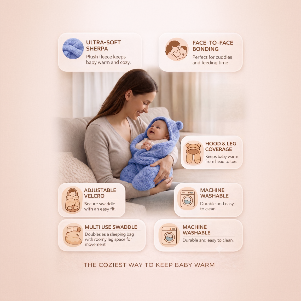 BRANDONN Newborn Hooded Swaddle Blanket, Solid Wearable Wrapper (Pack of 1), 0–9 Months