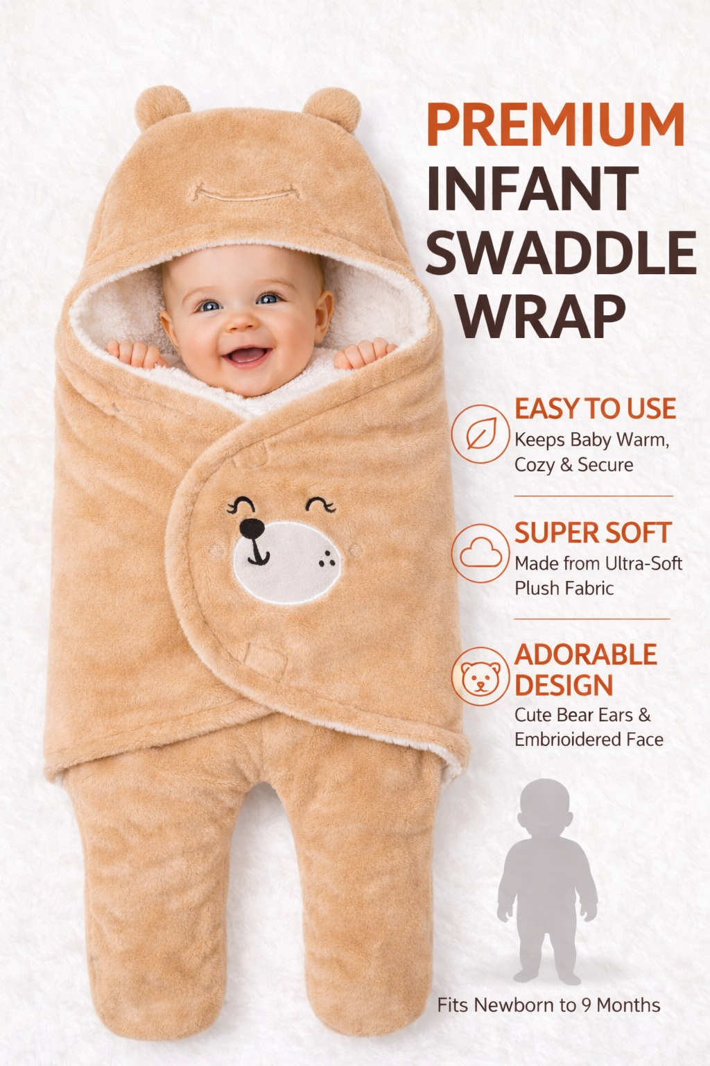 BRANDONN New born Baby Blanket Pack of Hooded Smiley Wearable Swaddle Wrapper PBRANDONN Hooded Baby Blanket Wrapper with Smiley Design for Newborns (0-12 Months)ack of 1, 0 - 9 Months