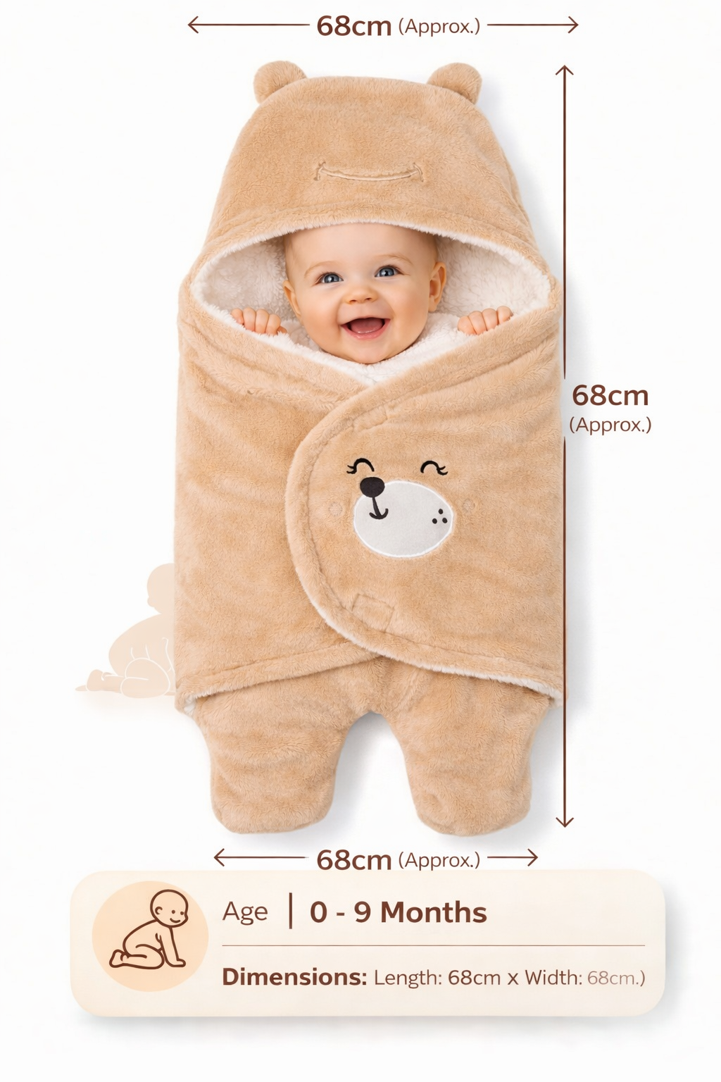 BRANDONN New born Baby Blanket Pack of Hooded Smiley Wearable Swaddle Wrapper PBRANDONN Hooded Baby Blanket Wrapper with Smiley Design for Newborns (0-12 Months)ack of 1, 0 - 9 Months