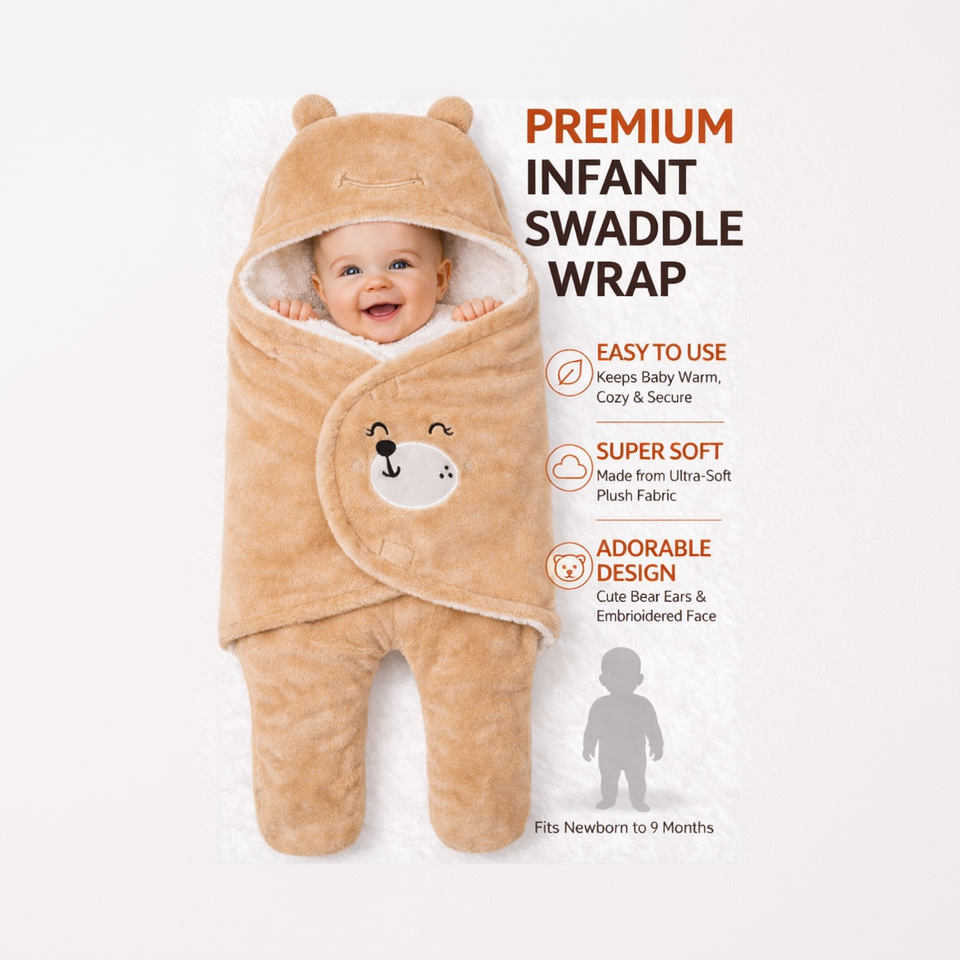 BRANDONN Hooded Smiley Baby Swaddle Blanket (0–9 Months, Pack of 1)