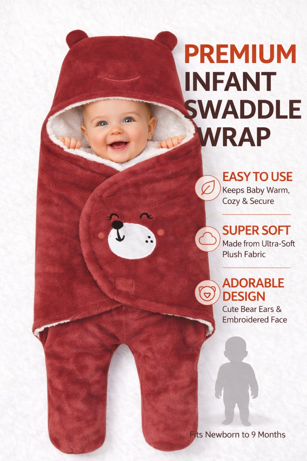 BRANDONN Hooded Smiley Baby Swaddle Blanket (0–9 Months, Pack of 1)