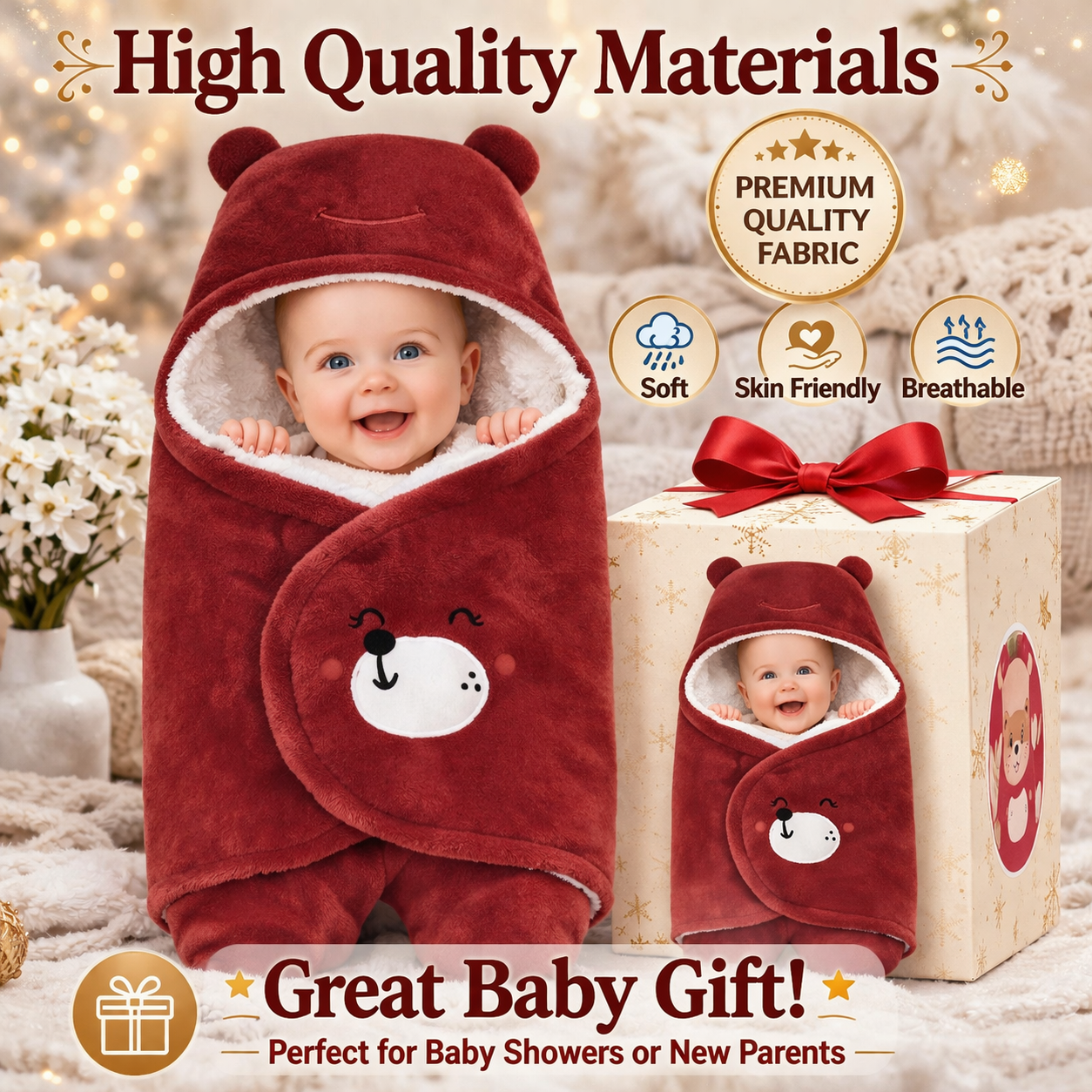 BRANDONN Hooded Smiley Baby Swaddle Blanket (0–9 Months, Pack of 1)
