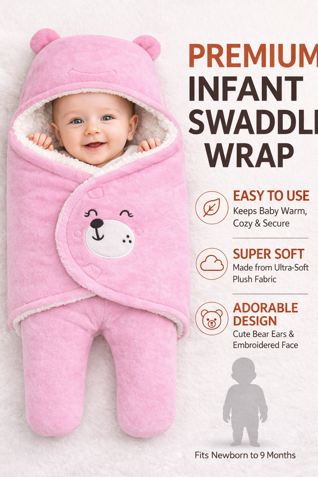 BRANDONN Hooded Smiley Baby Swaddle Blanket (0–9 Months, Pack of 1)