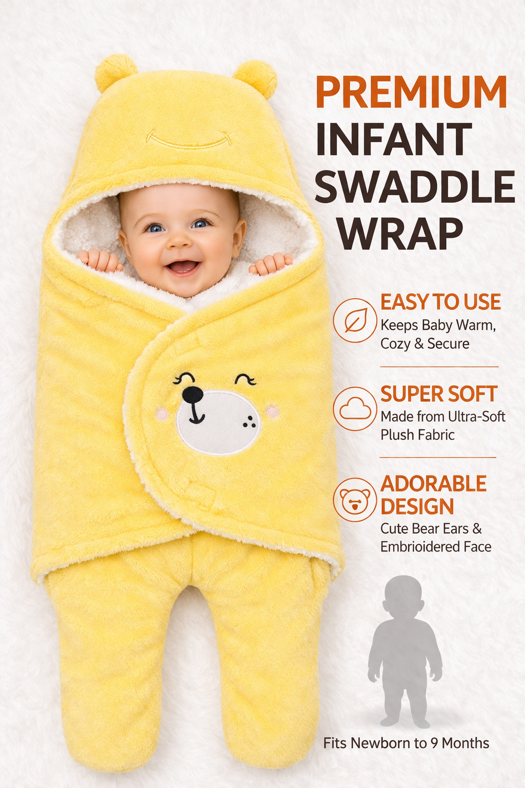 BRANDONN Hooded Smiley Baby Swaddle Blanket (0–9 Months, Pack of 1)