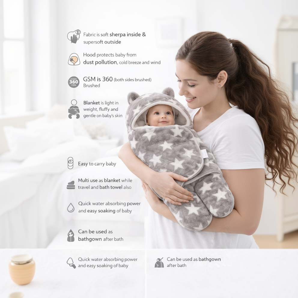 BRANDONN Newborn Hooded Swaddle Blanket, 68 x 68 cm, 0–9 Months (Pack of1)