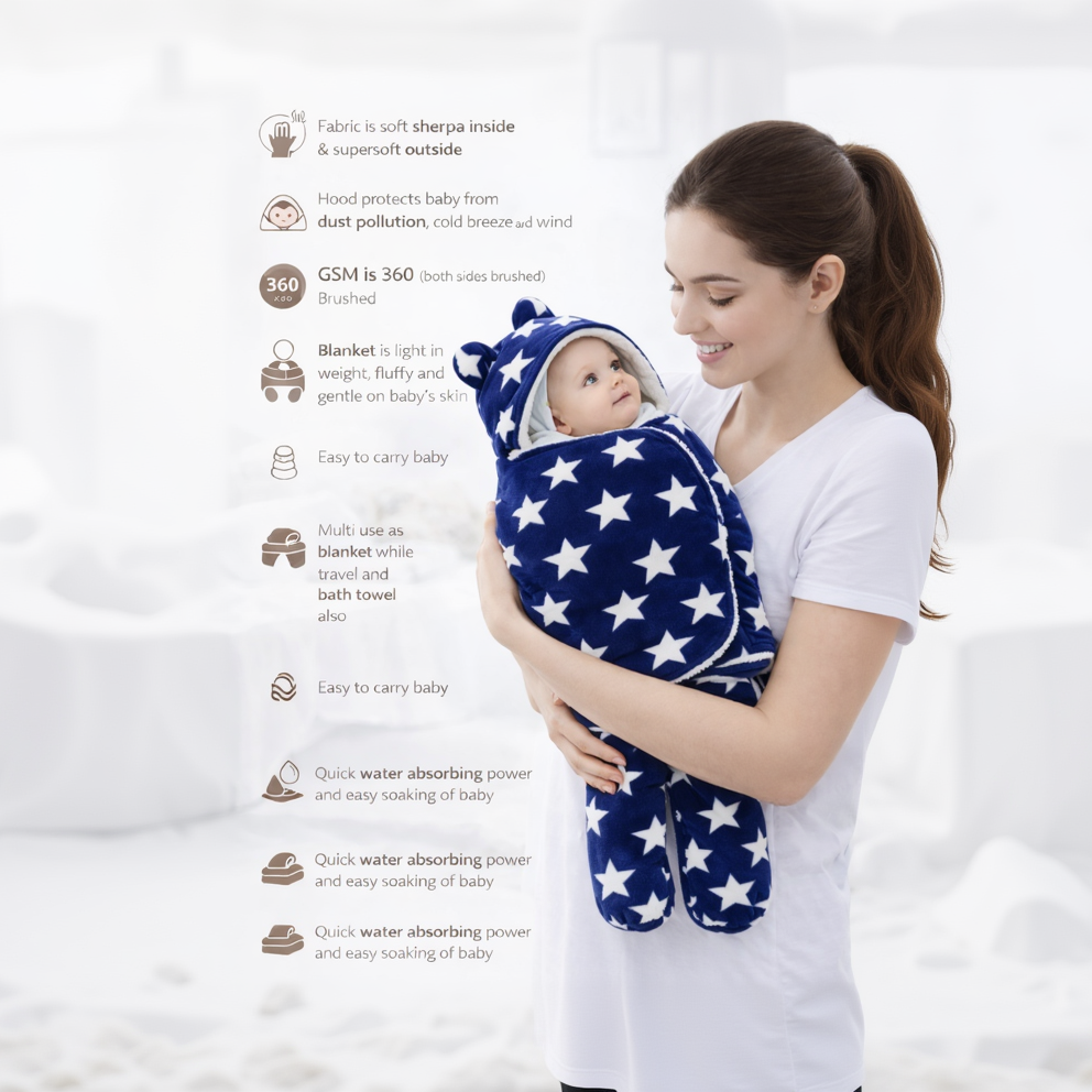 BRANDONN Newborn Hooded Swaddle Blanket, 68 x 68 cm, 0–9 Months (Pack of1)