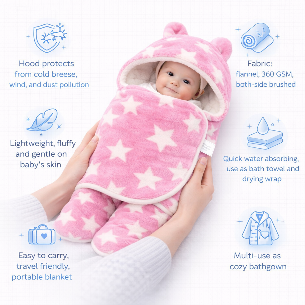 BRANDONN Newborn Hooded Swaddle Blanket, 68 x 68 cm, 0–9 Months (Pack of1)