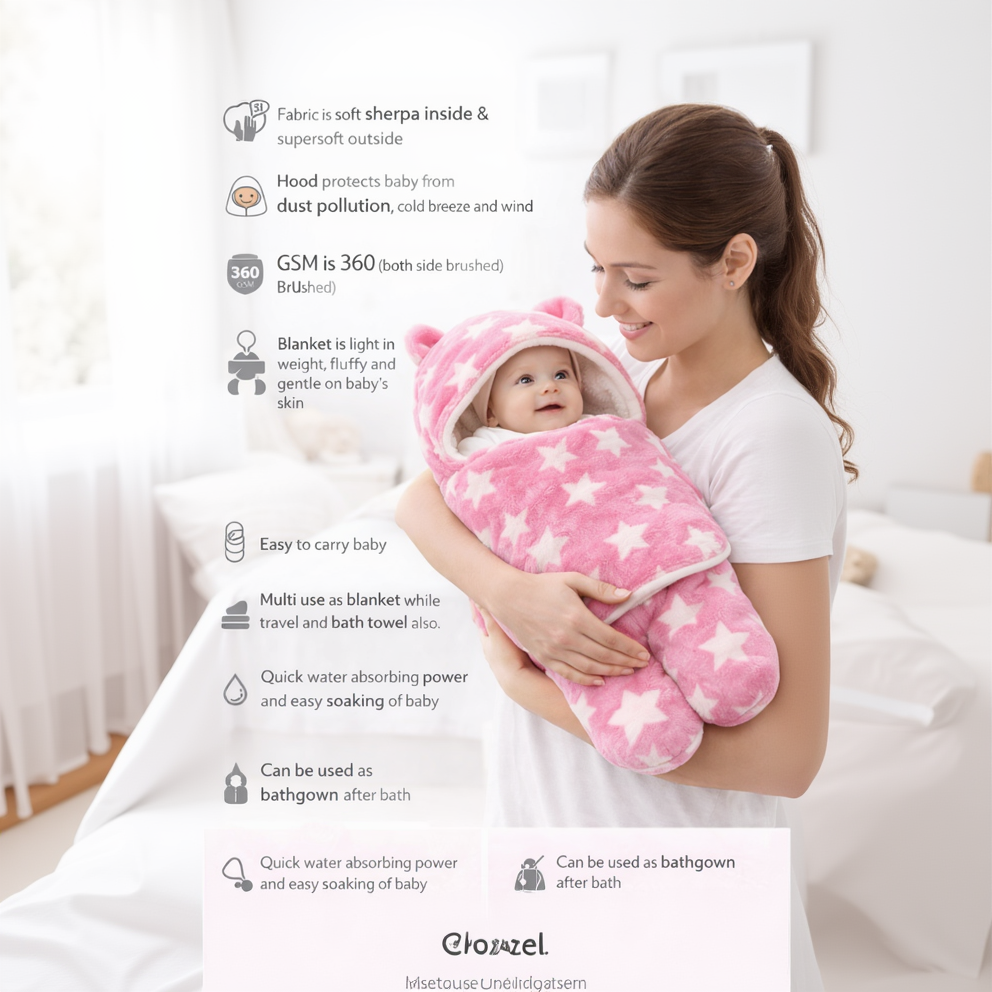BRANDONN Newborn Hooded Swaddle Blanket, 68 x 68 cm, 0–9 Months (Pack of1)