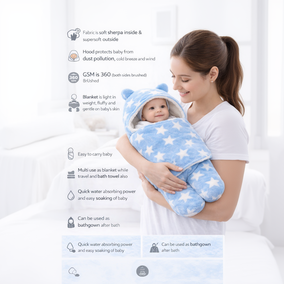 BRANDONN Newborn Hooded Swaddle Blanket, 68 x 68 cm, 0–9 Months (Pack of1)