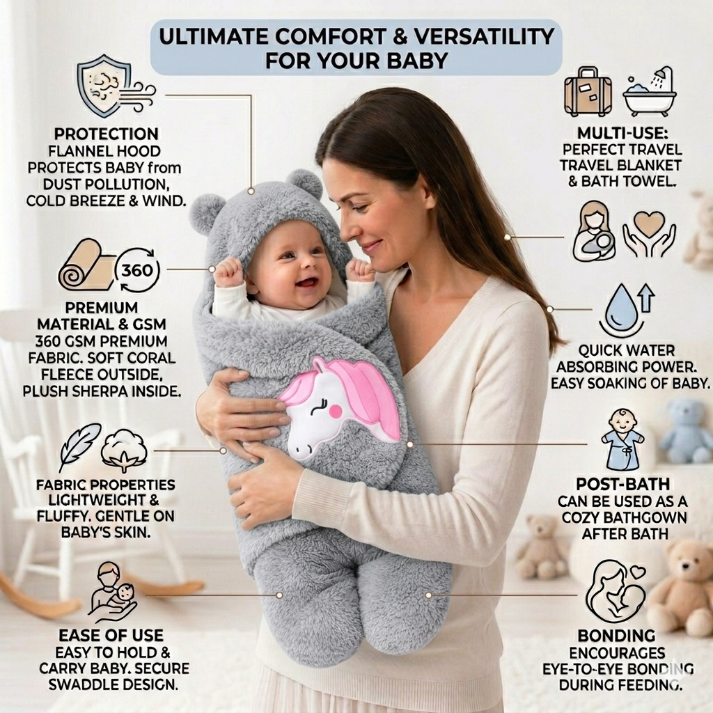 BRANDONN Hooded Newborn Swaddle Blanket – Unicorn, 0–9 Months