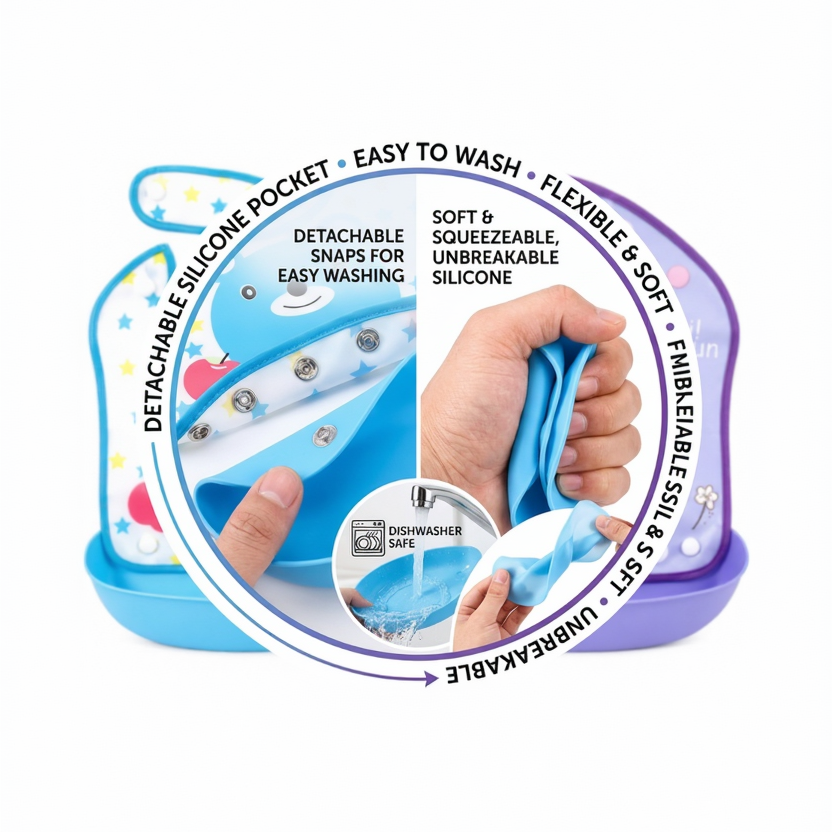 BRANDONN Baby Silicone Bibs for Feeding & Weaning | Waterproof, Washable & Reusable | Adjustable Neck Closure | Easy-Clean Mess-Proof Bibs for Babies & Toddlers | Pack of 2