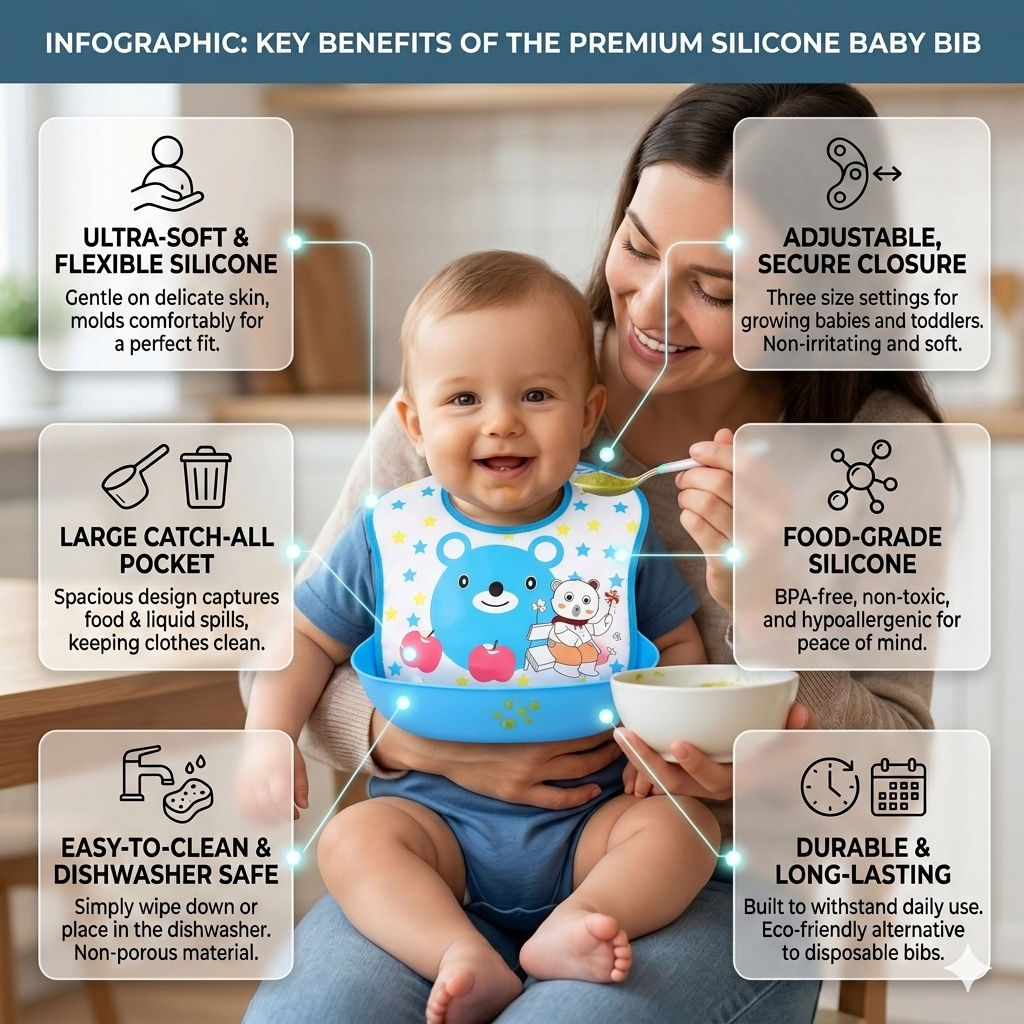 BRANDONN Baby Silicone Bibs for Feeding & Weaning | Waterproof, Washable & Reusable | Adjustable Neck Closure | Easy-Clean Mess-Proof Bibs for Babies & Toddlers | Pack of 2