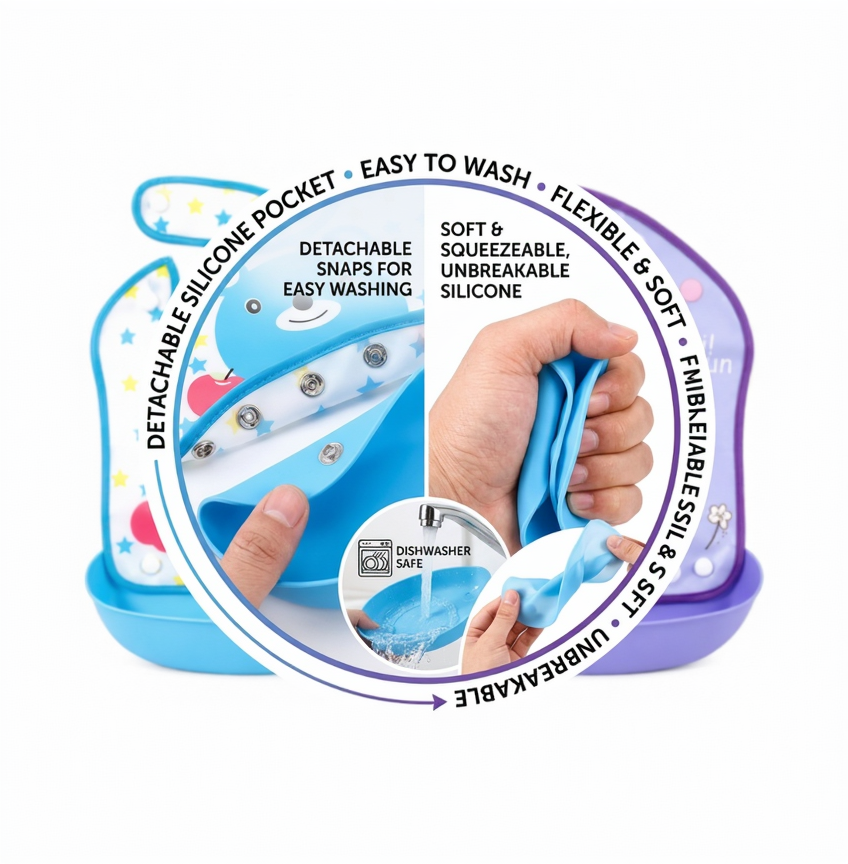 BRANDONN Baby Silicone Bibs for Feeding & Weaning | Waterproof, Washable & Reusable | Adjustable Neck Closure | Easy-Clean Mess-Proof Bibs for Babies & Toddlers | Pack of 2