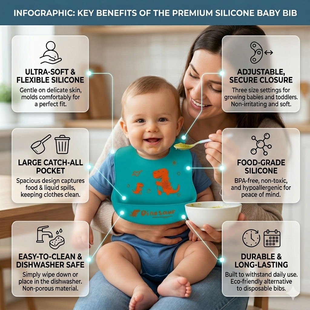 BRANDONN Baby Silicone Bibs for Feeding & Weaning | Waterproof, Reusable & Easy-Clean Bibs | Adjustable Neck with Button Closure