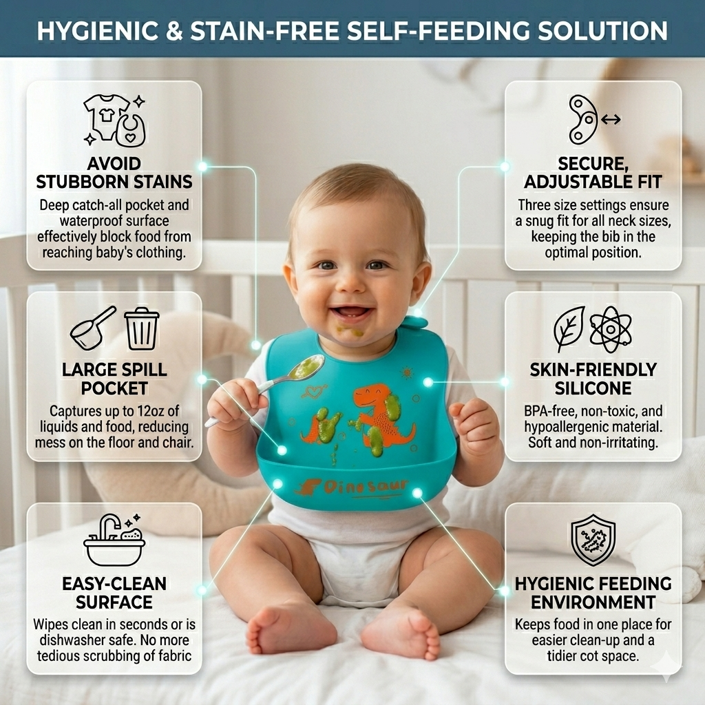 BRANDONN Baby Silicone Bibs for Feeding & Weaning | Waterproof, Reusable & Easy-Clean Bibs | Adjustable Neck with Button Closure