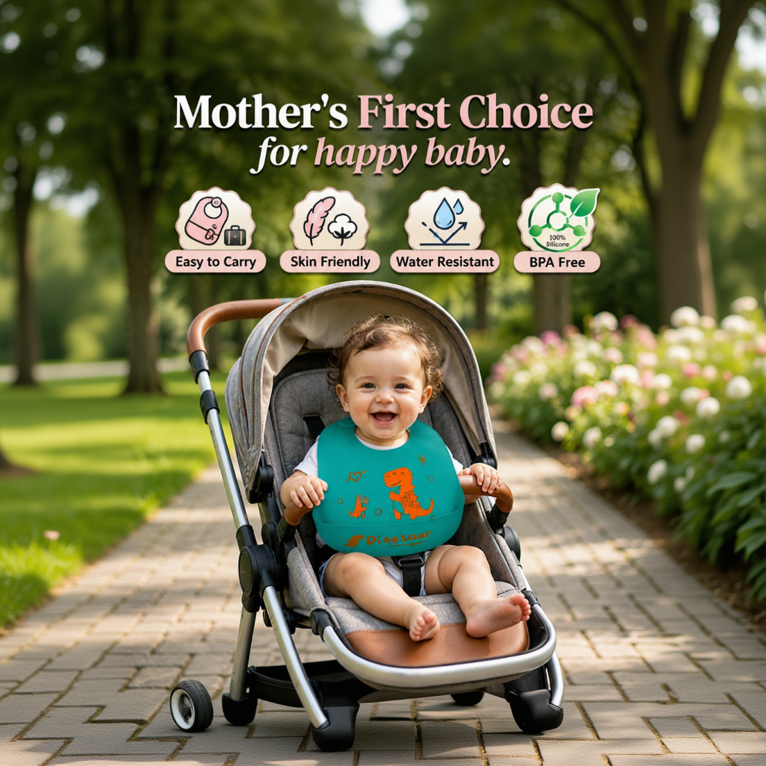 BRANDONN Baby Silicone Bibs for Feeding & Weaning | Waterproof, Reusable & Easy-Clean Bibs | Adjustable Neck with Button Closure