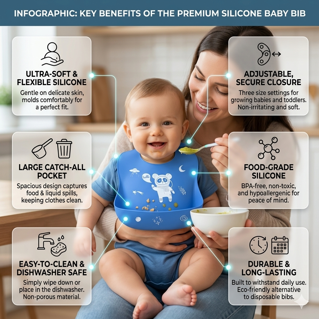 BRANDONN Baby Silicone Bibs for Feeding & Weaning | Waterproof, Reusable & Easy-Clean Bibs | Adjustable Neck with Button Closure