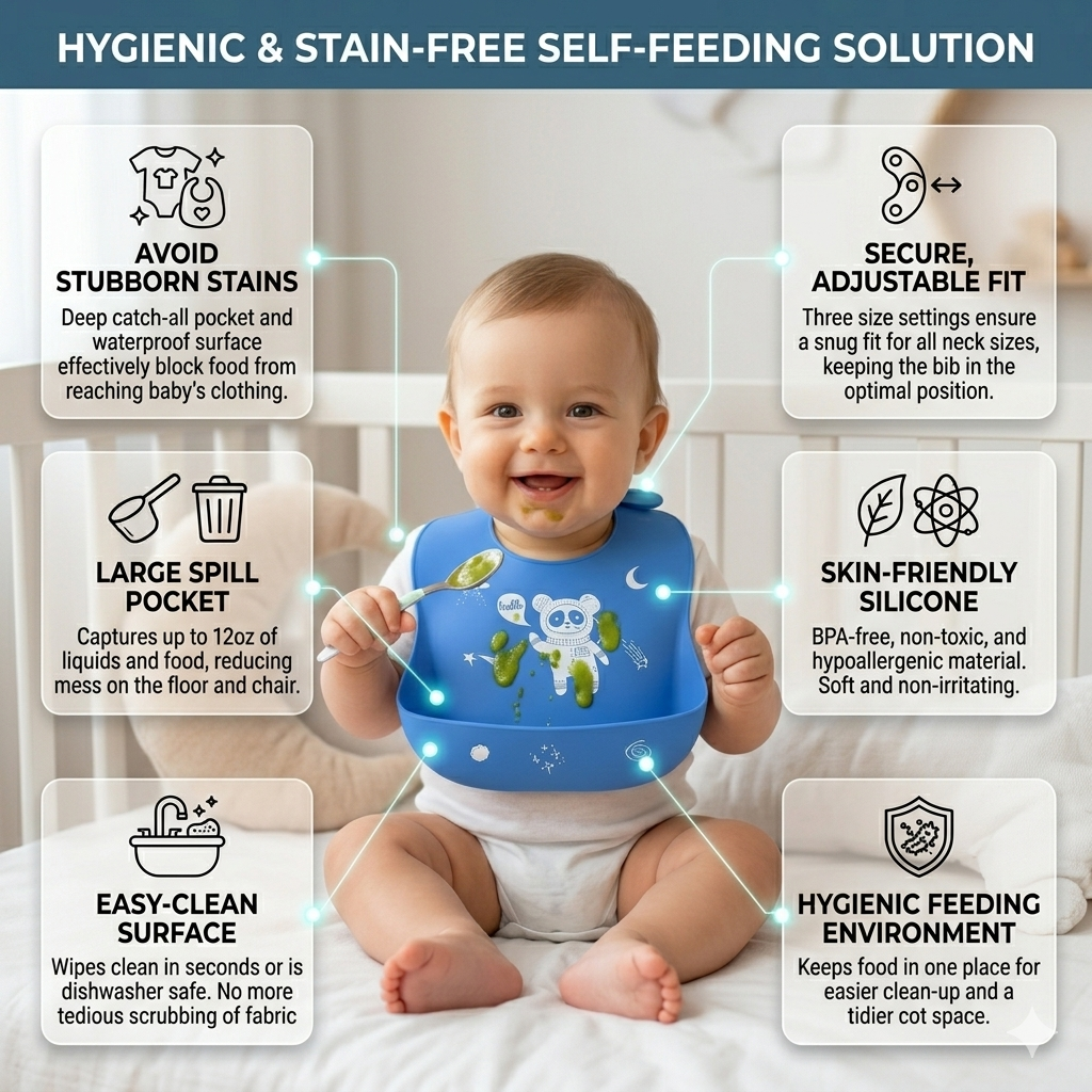 BRANDONN Baby Silicone Bibs for Feeding & Weaning | Waterproof, Reusable & Easy-Clean Bibs | Adjustable Neck with Button Closure