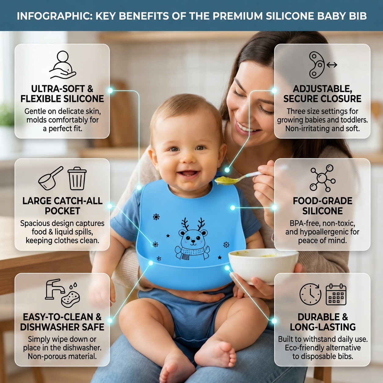 BRANDONN Baby Silicone Bibs for Feeding & Weaning | Waterproof, Reusable & Easy-Clean Bibs | Adjustable Neck with Button Closure