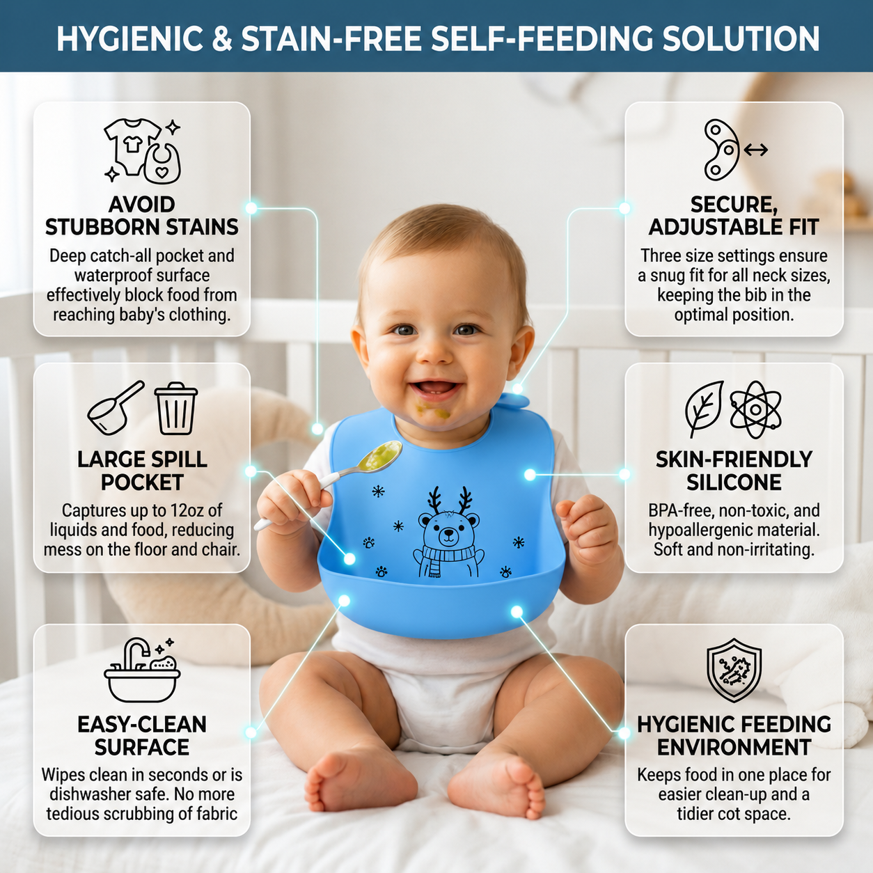 BRANDONN Baby Silicone Bibs for Feeding & Weaning | Waterproof, Reusable & Easy-Clean Bibs | Adjustable Neck with Button Closure
