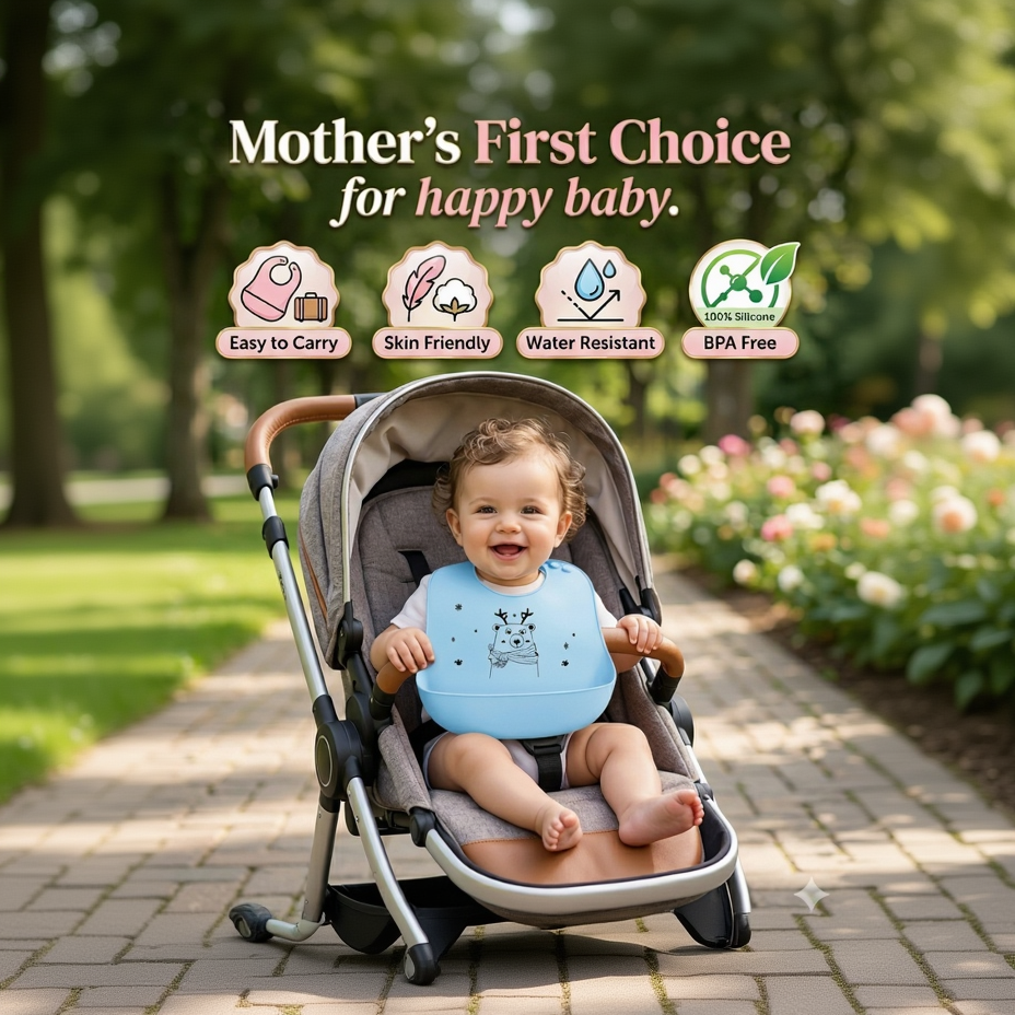 BRANDONN Baby Silicone Bibs for Feeding & Weaning | Waterproof, Reusable & Easy-Clean Bibs | Adjustable Neck with Button Closure