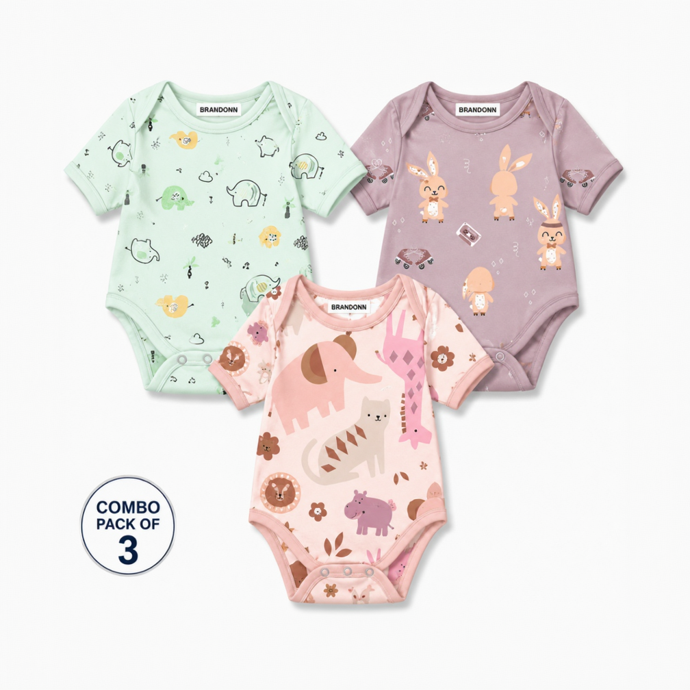 BRANDONN BabySoft Cotton Romper Set (Pack of 3) – Newborn Unisex Half Sleeve Bodysuits