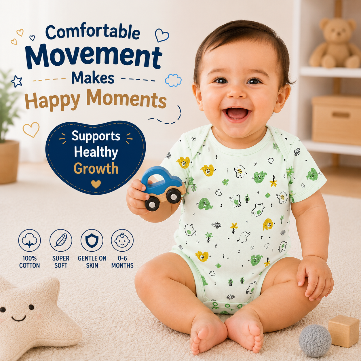 BRANDONN BabySoft Cotton Romper Set (Pack of 3) – Newborn Unisex Half Sleeve Bodysuits
