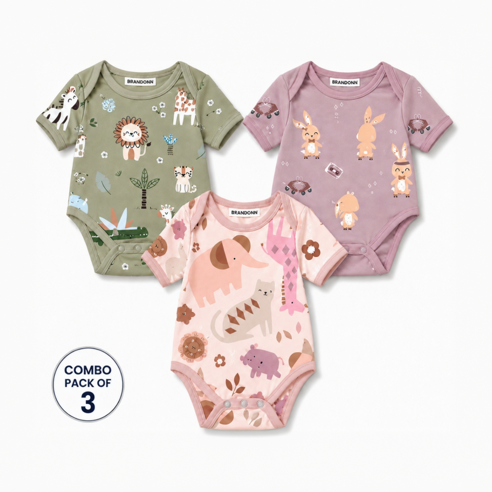 BRANDONN BabySoft Cotton Romper Set (Pack of 3) – Newborn Unisex Half Sleeve Bodysuits