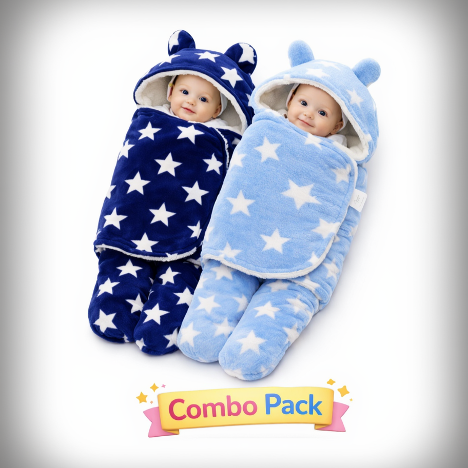 BRANDONN Newborn Hooded Swaddle Blanket Gift Set (Pack of 2), Star Print, 0–9 Months