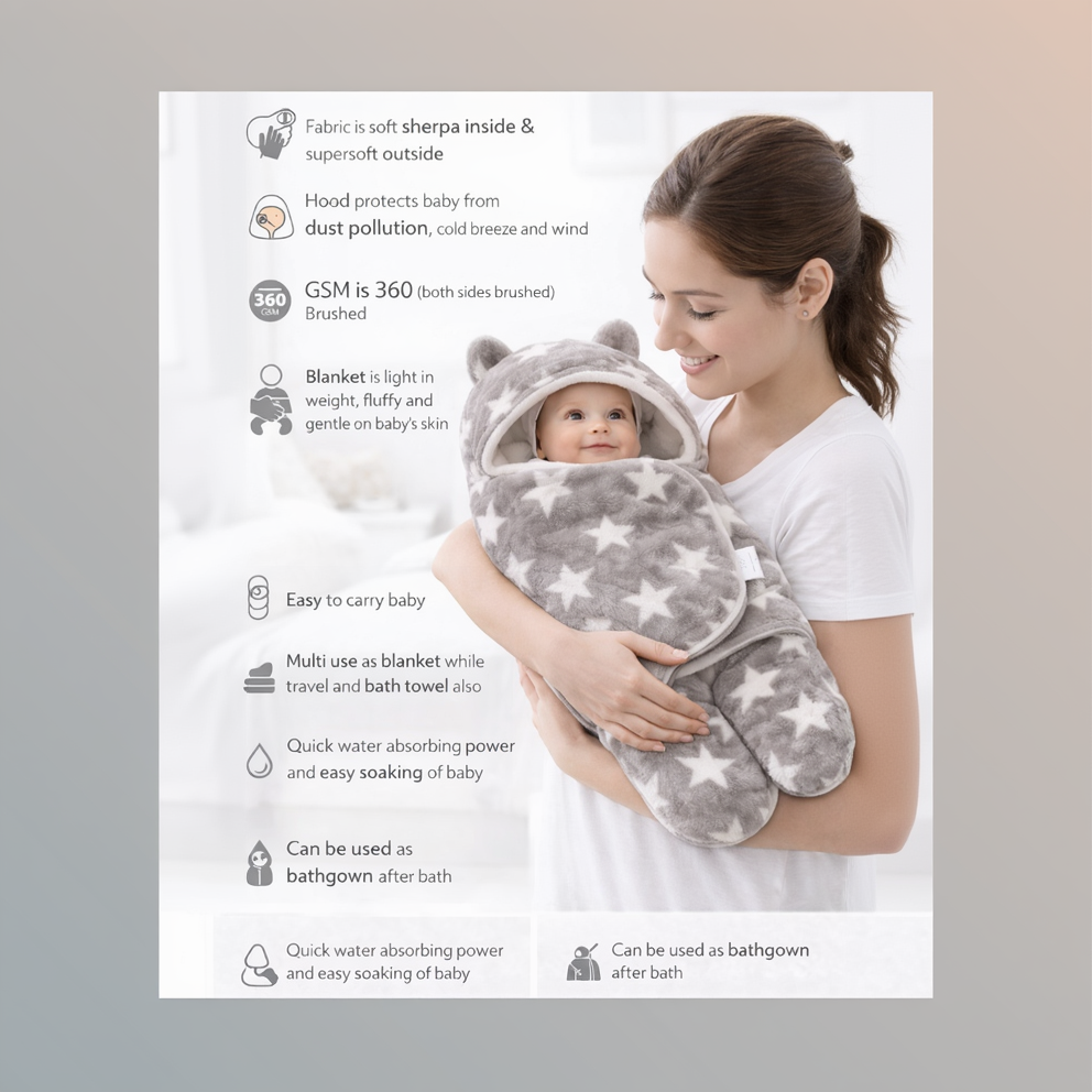 BRANDONN Newborn Hooded Swaddle Blanket Gift Set (Pack of 2), Star Print, 0–9 Months