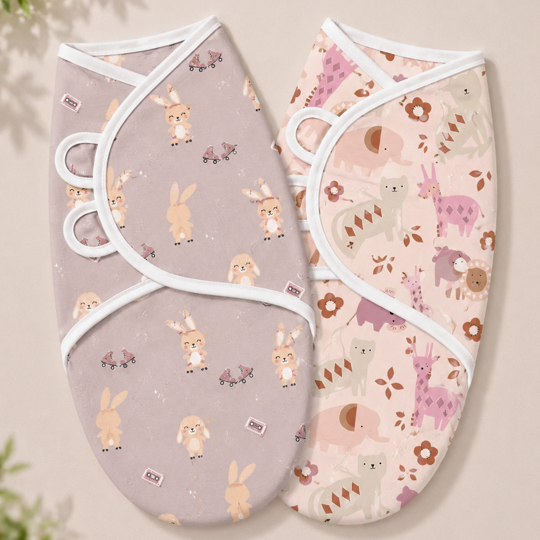BRANDONN Baby Swaddle Wrap & Cotton Blanket Set for Newborns (0–6 Months), Adjustable, Soft 100% Cotton, Pack of 2, Multi-Color