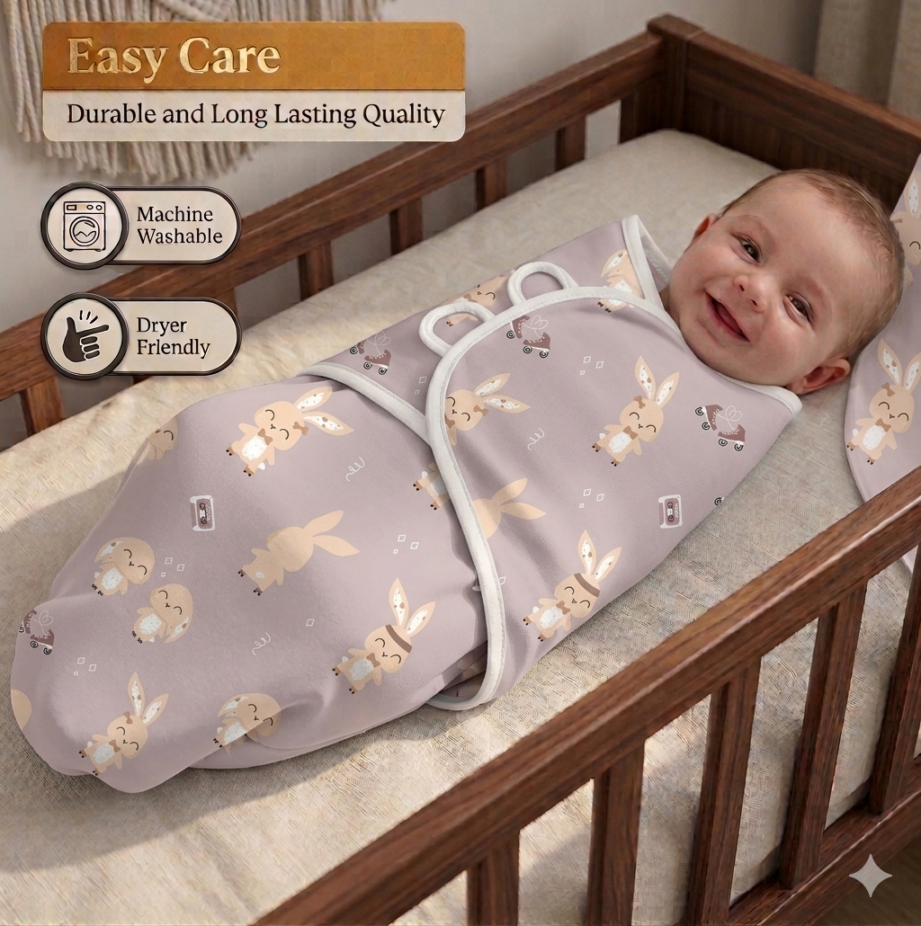 BRANDONN Baby Swaddle Wrap & Cotton Blanket Set for Newborns (0–6 Months), Adjustable, Soft 100% Cotton, Pack of 2, Multi-Color