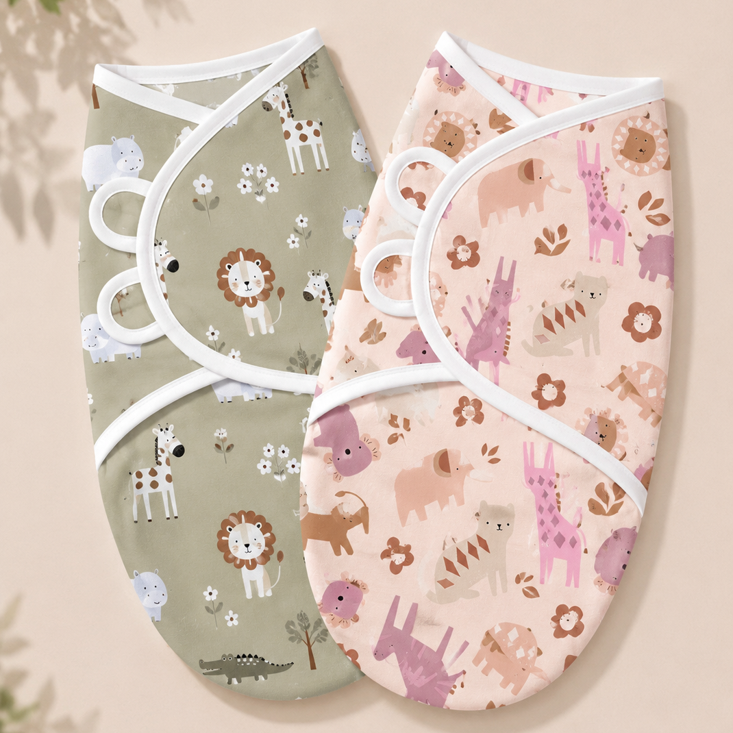 BRANDONN Baby Swaddle Wrap & Cotton Blanket Set for Newborns (0–6 Months), Adjustable, Soft 100% Cotton, Pack of 2, Multi-Color