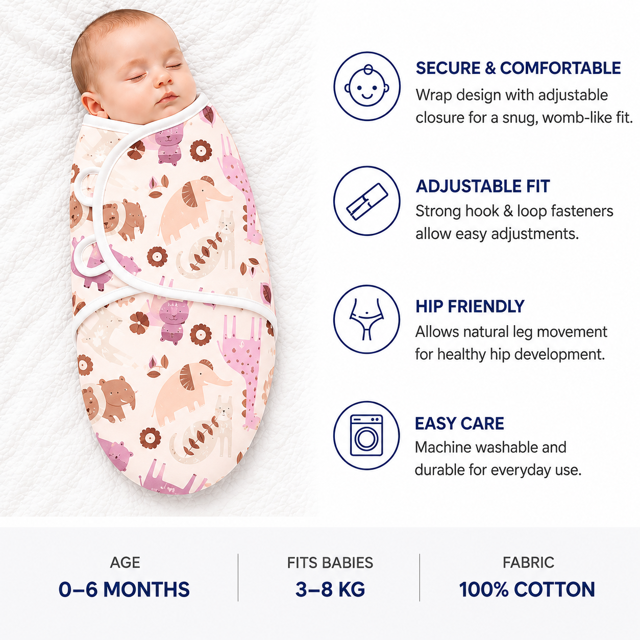 BRANDONN Baby Swaddle Wrap & Cotton Blanket Set for Newborns (0–6 Months), Adjustable, Soft 100% Cotton, Pack of 2, Multi-Color