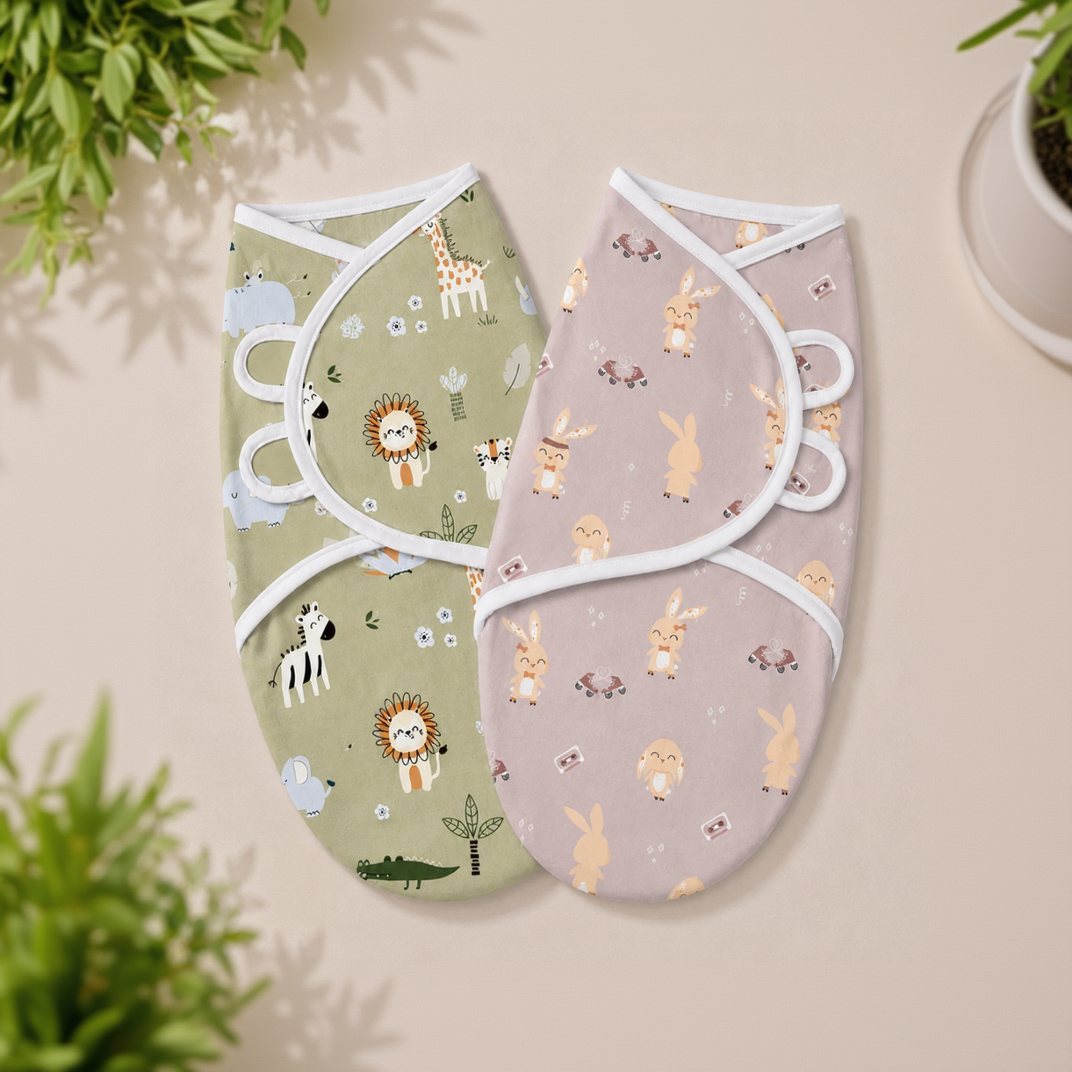 BRANDONN Baby Swaddle Wrap & Cotton Blanket Set for Newborns (0–6 Months), Adjustable, Soft 100% Cotton, Pack of 2, Multi-Color