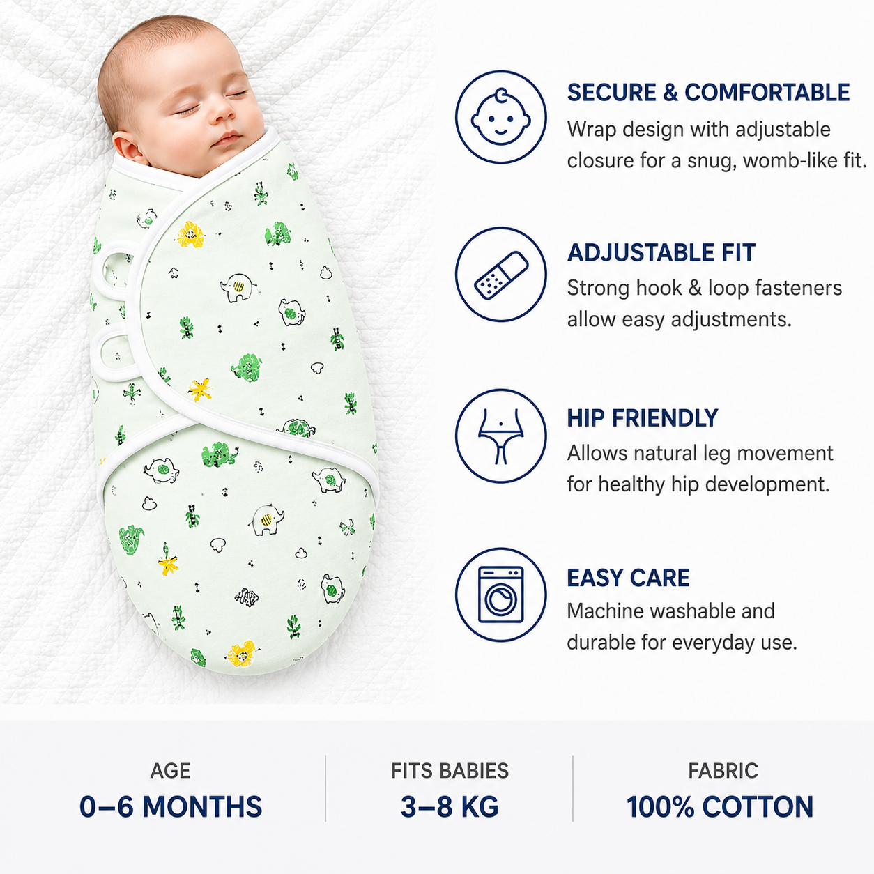 BRANDONN Baby Swaddle Wrap & Cotton Blanket Set for Newborns (0–6 Months), Adjustable, Soft 100% Cotton, Pack of 2, Multi-Color