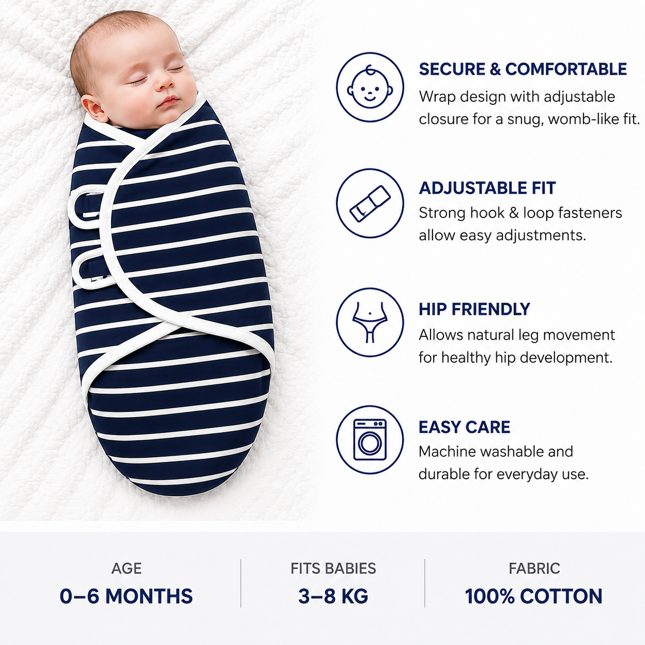 BRANDONN Baby Swaddle Wrap & Cotton Blanket Set for Newborns (0–6 Months), Adjustable, Soft 100% Cotton, Pack of 2, Multi-Color